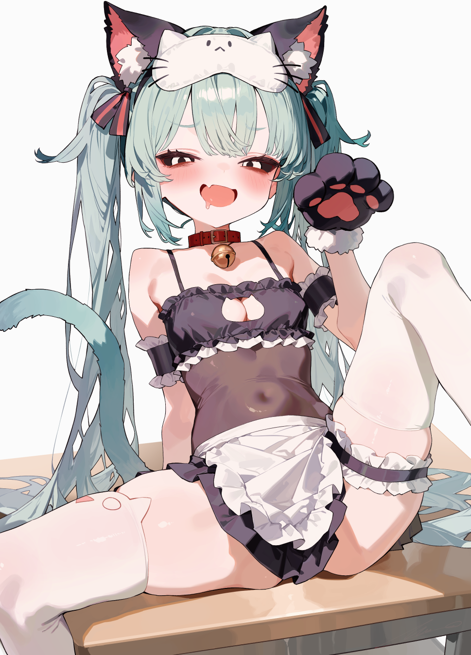 1girl, animal_ears, animal_hands, ass, bell, belt_collar, blue_hair, bodystocking, breasts, cat_cutout, cat_ears, cat_girl, cat_lingerie, cat_paws, cat_tail, cleavage, cleavage_cutout, clothing_cutout, collar, covered_navel, desk, drooling, eye_mask, fang, frills, hair_between_eyes, hatsune_miku, highres, long_hair, looking_at_viewer, mask, mimukauwa_nice_try_(vocaloid), neck_bell, on_desk, overlord_(overlord80000), sitting, solo, spread_legs, stomach, tail, thigh_strap, thighhighs, thighs, twintails, vocaloid, white_thighhighs