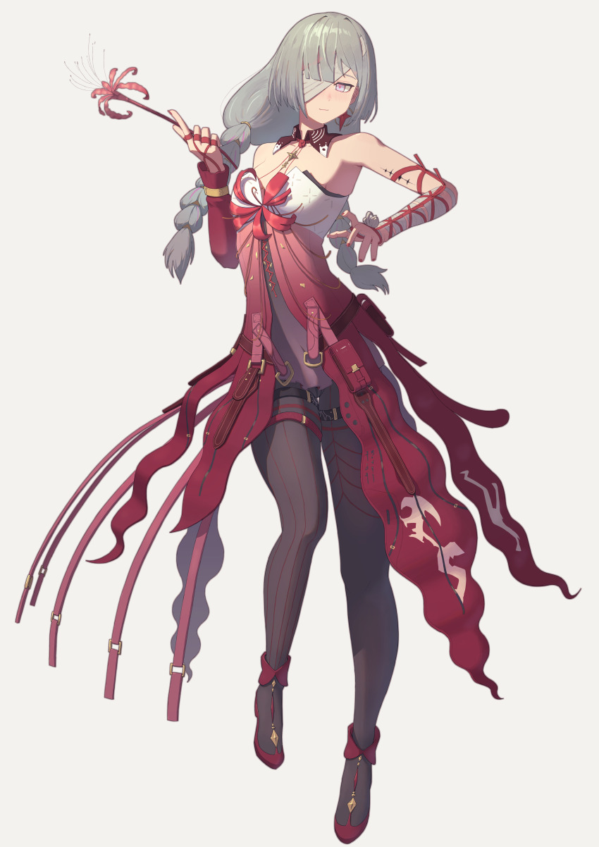 1girl, absurdres, bandage_over_one_eye, bandaged_arm, bandages, bare_shoulders, black_boots, black_pantyhose