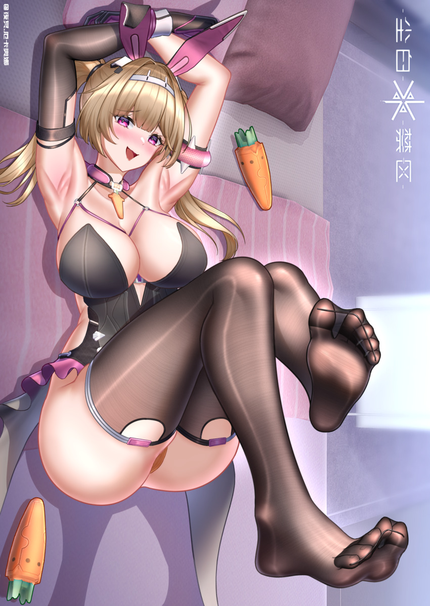 1girl, armpits, blonde_hair, blush, breasts, feet, highres, long_hair, looking_at_viewer, marian_(snowbreak), open_mouth, playboy_bunny, purple_eyes, see-through_clothes, see-through_legwear, snowbreak:_containment_zone, soles, thighhighs, toes, twintails, yeming_urcaona