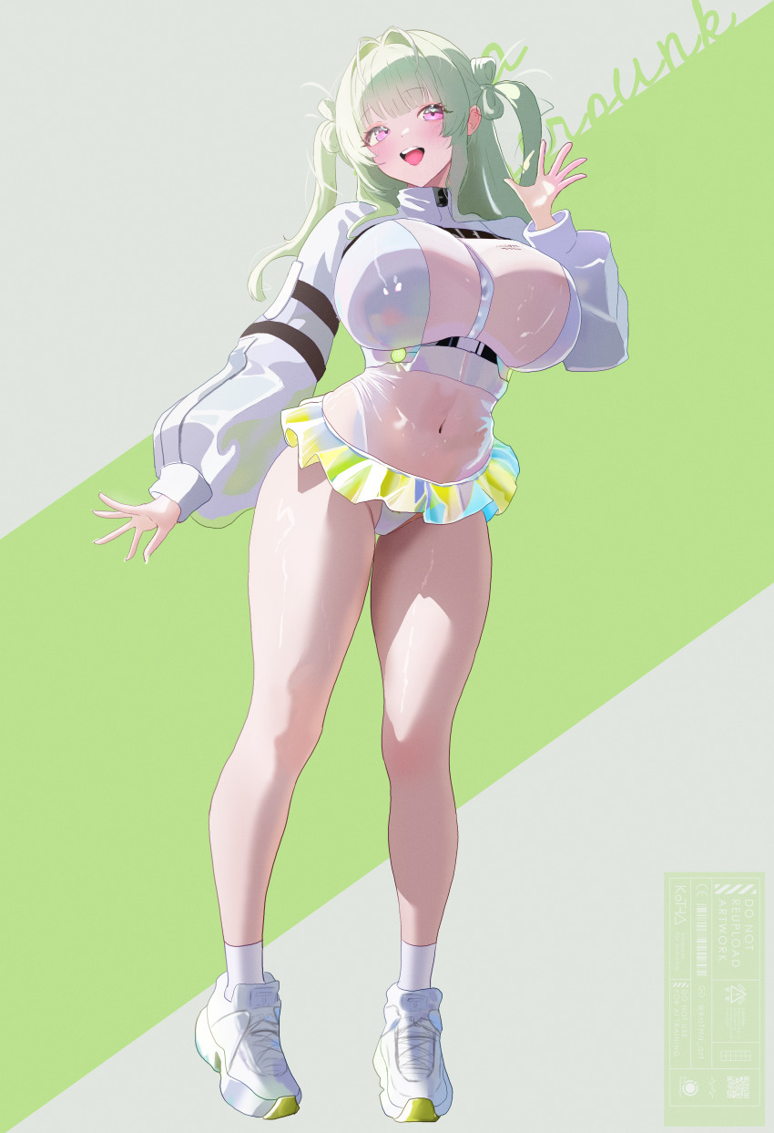 1girl, :d, absurdres, alternate_costume, ankle_socks, antenna_hair, blunt_bangs, blush, breasts, cleavage, commentary_request, covered_navel, cyberpunk, full_body, goddess_of_victory:_nikke, green_background, green_hair, hand_up, heart_antenna_hair, highres, huge_breasts, jacket, kotha_art, long_hair, looking_at_viewer, microskirt, open_mouth, panties, pleated_skirt, puffy_sleeves, purple_eyes, see-through_cleavage, see-through_clothes, see-through_jacket, see-through_midriff, shoes, sidelocks, skirt, smile, sneakers, socks, soda_(nikke), solo, standing, teeth, two-tone_background, underwear, upper_teeth_only, watermark, white_jacket, white_shoes, white_socks