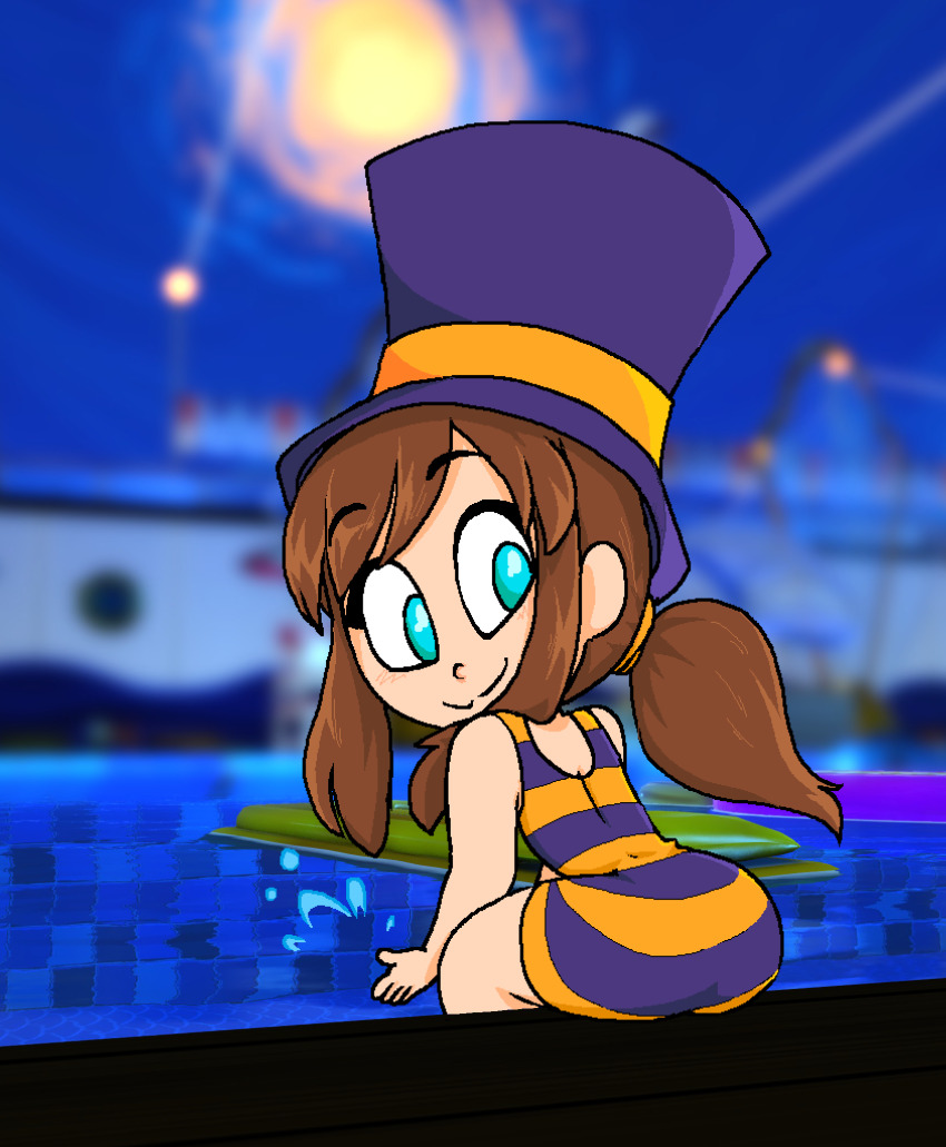 1girl, a_hat_in_time, ass, blue_eyes, blurry, blurry_background, brown_hair, game_screenshot_background, hat, hat_kid, hat_ribbon, highres, leaning_forward, loli, looking_back, one-piece_swimsuit, ponytail, pool, purple_hat, ribbon, screenshot_background, sitting, smile, splashing, striped_clothes, swimsuit, thattechnique, top_hat, water, wide_hips, yellow_ribbon