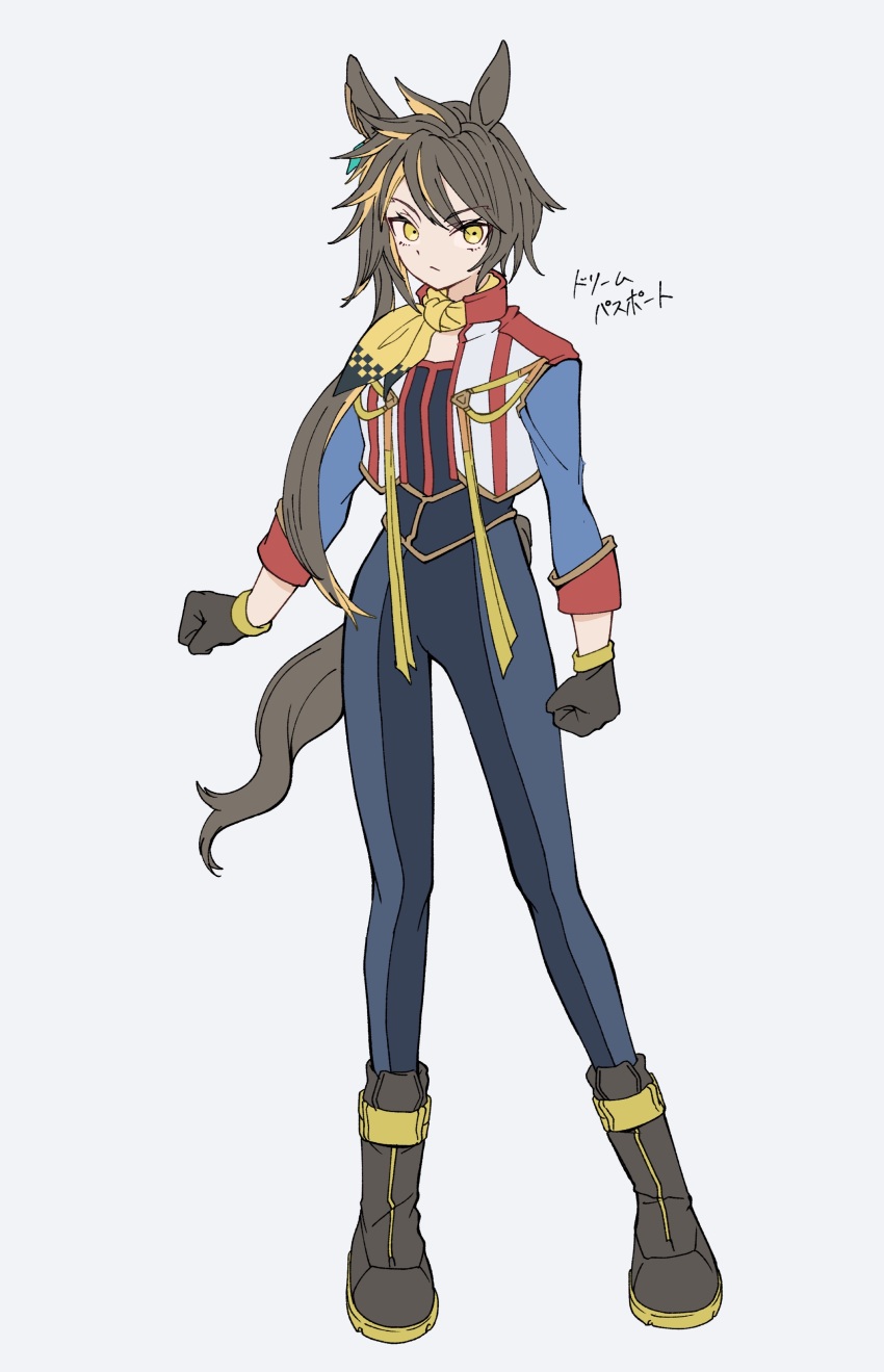 1girl, absurdres, animal_ears, asymmetrical_hair, blonde_hair, boots, brown_gloves, brown_hair