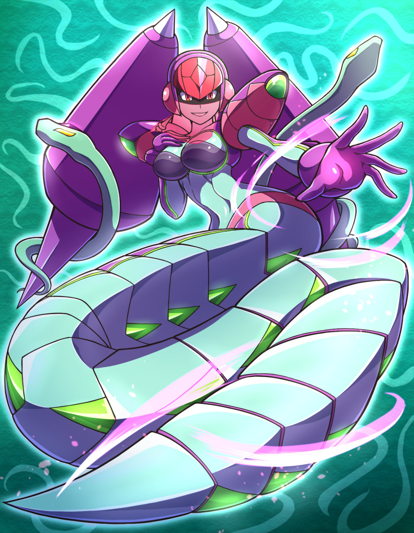 1girl, :d, armor, bodysuit, breasts, commentary_request, full_body, gloves