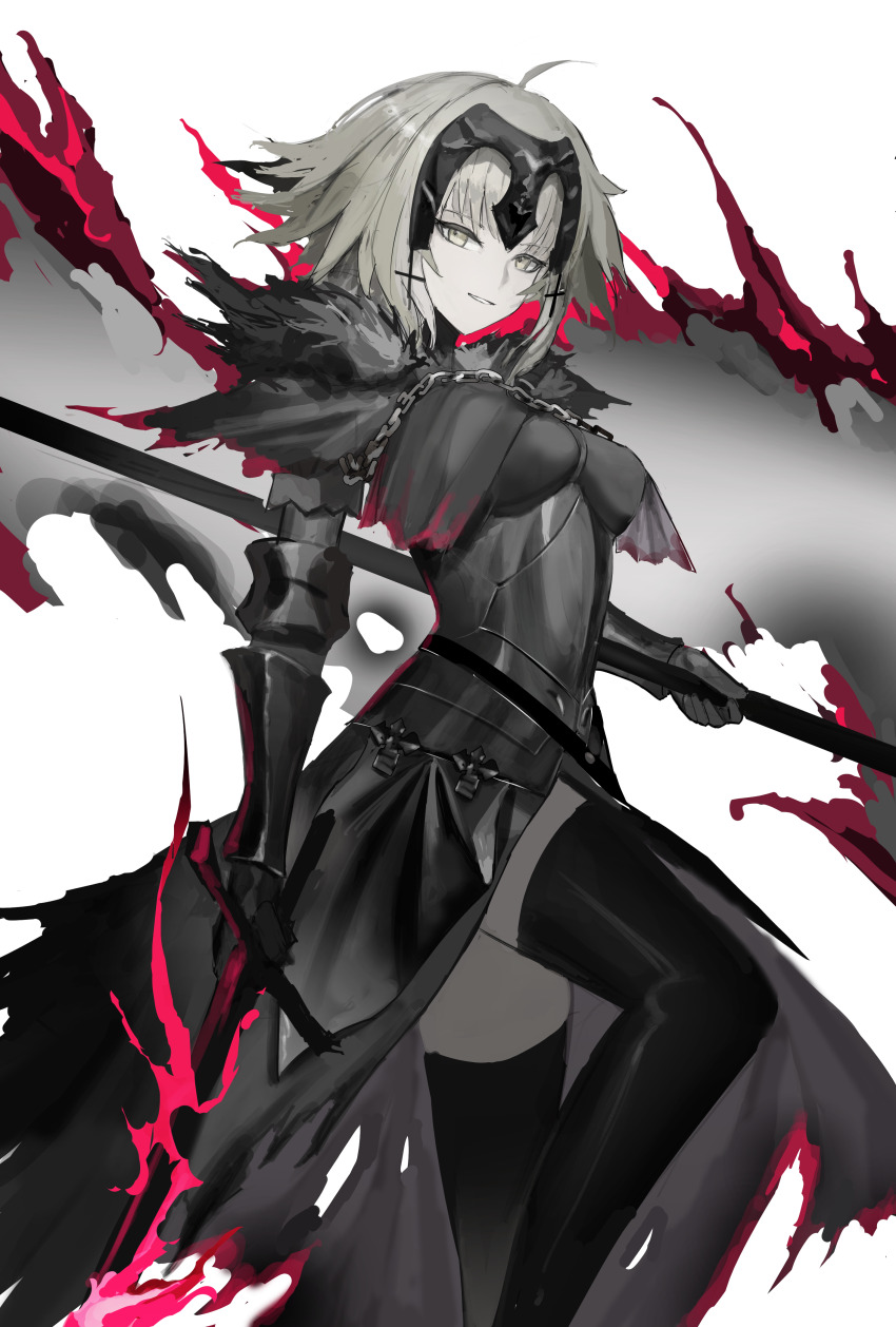 1girl, absurdres, ahoge, armor, black_armor, black_cape, black_thighhighs, cape, chain, fate/grand_order, fate_(series), fire, fur_trim, gauntlets, grey_eyes, grey_hair, grin, headpiece, highres, holding, holding_polearm, holding_sword, holding_weapon, jeanne_d'arc_alter_(avenger)_(fate), jeanne_d'arc_alter_(fate), looking_at_viewer, plackart, polearm, simple_background, smile, solo, sword, thighhighs, torn_cape, torn_clothes, weapon, wen54, white_background