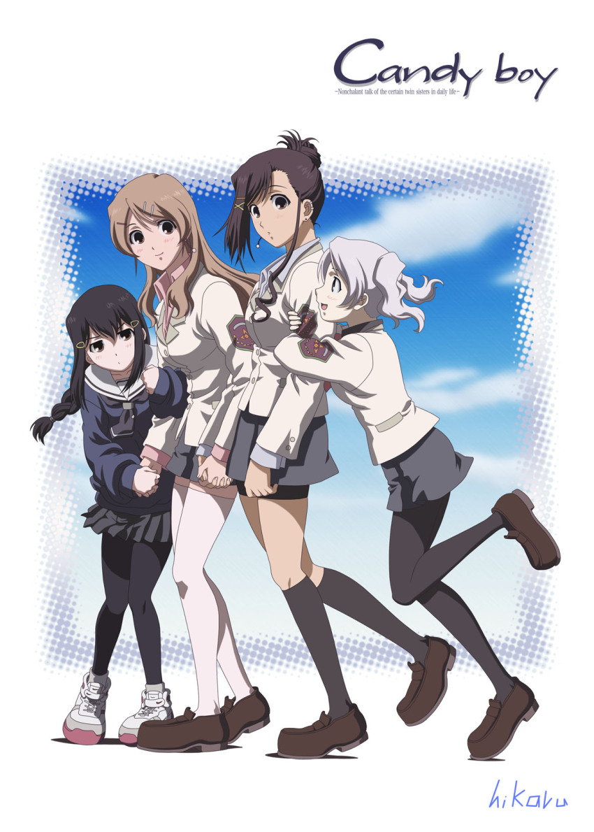 4girls, arm_hug, artist_name, black_hair, black_pantyhose, black_socks, brown_hair, candy_boy