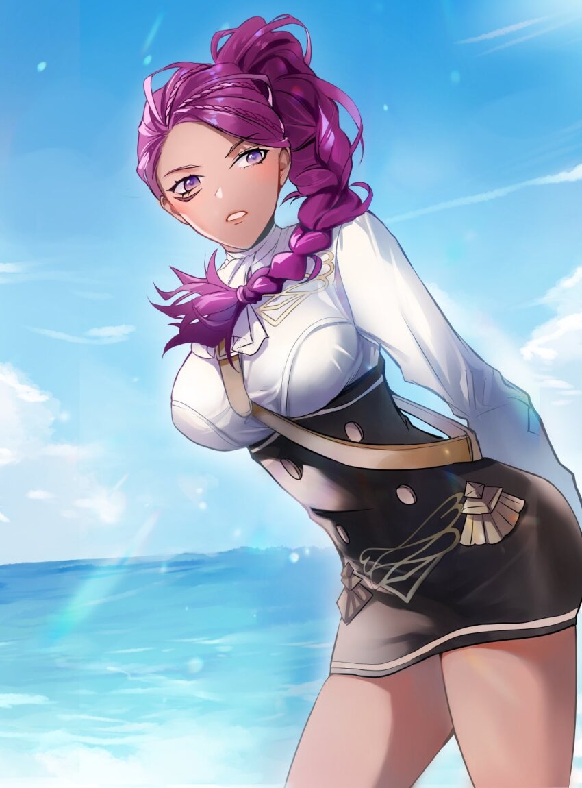 1girl, arms_behind_back, black_skirt, blue_sky, braid, breasts, buttons, cloud