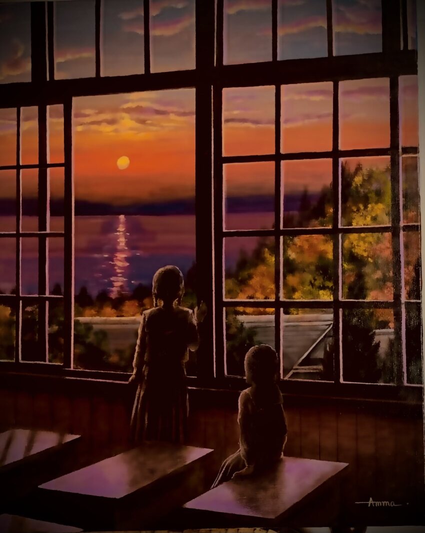 2girls, backlighting, braid, classroom, cloud, cloudy_sky, dark, desk, evening, gradient_sky, highres, lake, multiple_girls, on_desk, open_window, orange_sky, original, painting_(medium), school_desk, school_uniform, signature, sitting, skirt, sky, sunset, traditional_media, twin_braids, water, watercolor_(medium), window, yukiko_anma