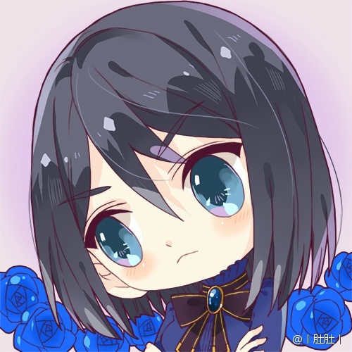 1girl, annoyed, artist_name, black_bow, black_bowtie, black_hair, blue_eyes, blue_flower