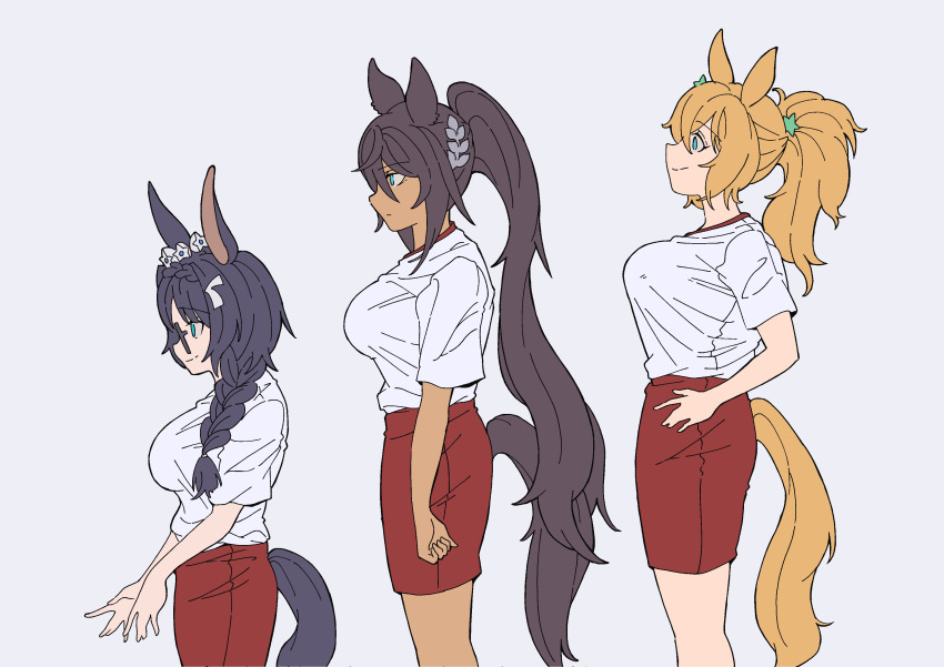 3girls, absurdres, animal_ears, black-framed_eyewear, black_hair, blue_eyes, braid, braided_ponytail