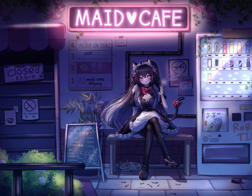 1girl, absurdres, animal, animal_ears, apron, artist_request, bench, black_dress, black_hair, black_thighhighs, breasts, can, cat, cat_ears, cat_girl, cat_tail, chalkboard_sign, cigarette, closed_sign, crossed_legs, dress, expressionless, frilled_dress, frills, full_body, gradient_hair, grey_hair, heterochromia, highres, holding, holding_cigarette, maid, maid_apron, maid_headdress, medium_breasts, menu_board, multicolored_hair, neon_sign, night, no_smoking, on_bench, one_side_up, original, outdoors, plant, potted_plant, puffy_short_sleeves, puffy_sleeves, red_eyes, security_shutter, short_sleeves, sitting, smoke, tail, thighhighs, urban, vending_machine, wooden_bench, yellow_eyes