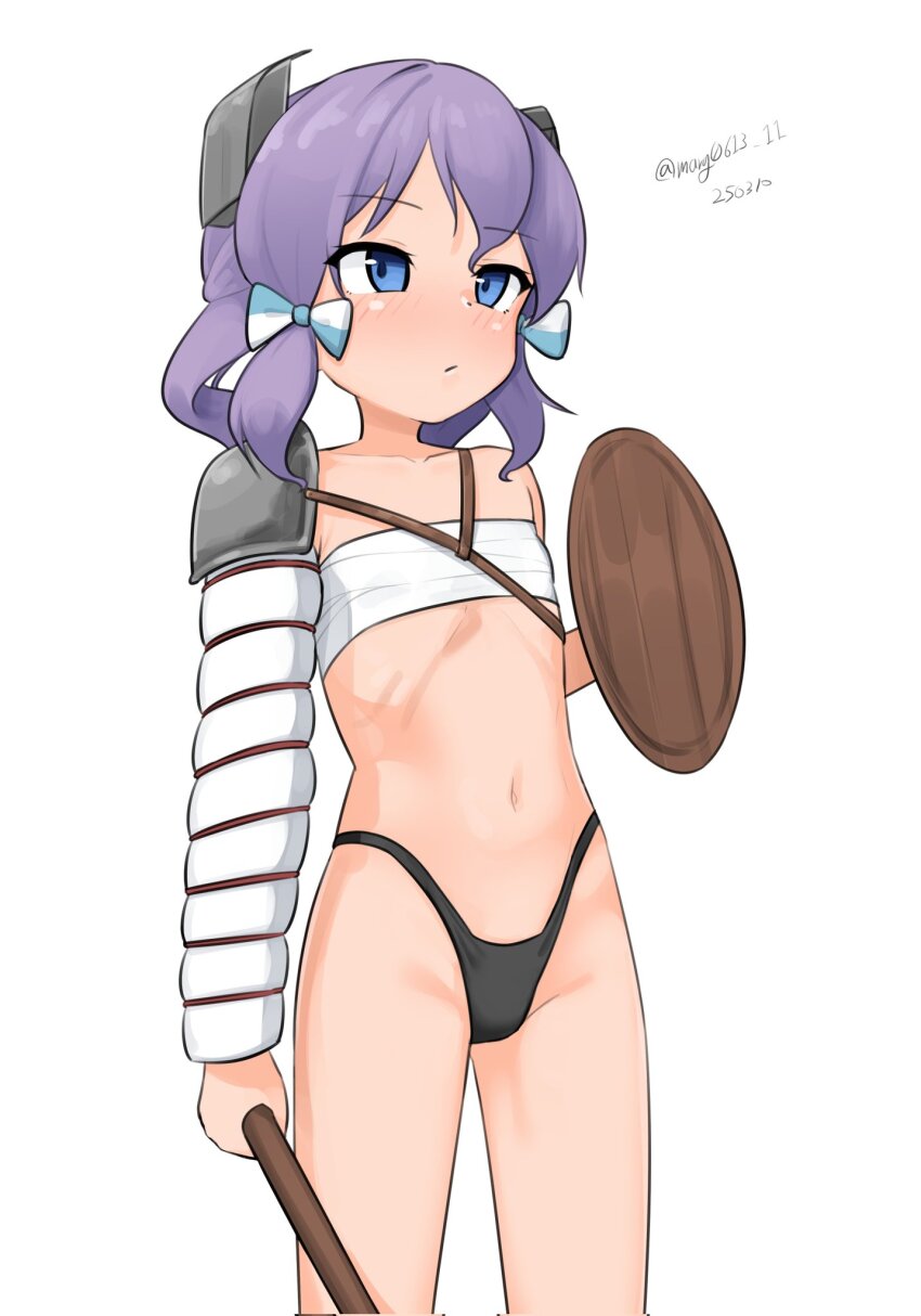 1girl, alternate_costume, armor, bandeau, bikini_armor, blue_eyes, dated, feet_out_of_frame