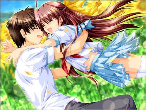 1boy, 1girl, 5pb., alpha_(yukai_na_nakamatachi), blu_(nrjn2544), bow, closed_eyes, couple, day, flower, game_cg, hair_bow, half_updo, happy, hetero, hinata_natsumi_(sharin_no_kuni), hug, jumping, long_hair, lowres, meadow, morita_kenichi, open_mouth, petals, red_hair, sharin_no_kuni_yuukyuu_no_shounenshoujo, skirt, sky, smile, socks, sunflower