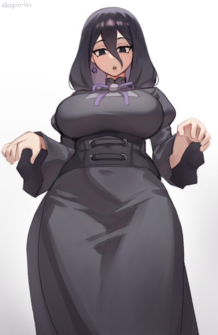 1girl, alternate_breast_size_(larger), black_dress, black_eyes, black_hair, breasts, cowboy_shot, curvy