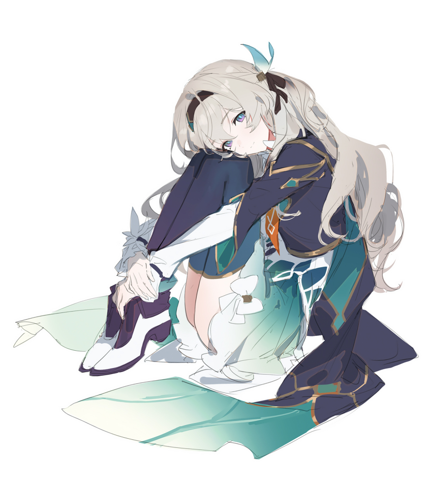 1girl, black_hairband, firefly_(honkai:_star_rail), grey_hair, hair_between_eyes, hair_ornament, hairband, head_on_knees