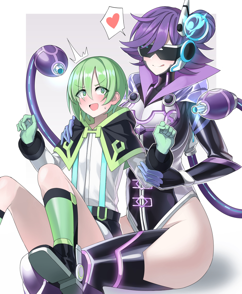 1boy, 1girl, absurdres, age_difference, backup_secretary, backup_supervisor, blush, boots, cyberse_wicckid, duel_monster, gloves, green_eyes, green_hair, hair_bun, hand_on_another's_shoulder, hand_on_another's_wrist, head-mounted_display, heart, hetero, highres, licking_lips, onee-shota, open_mouth, purple_hair, short_hair, simple_background, sitting, spoken_heart, thighs, tongue, tongue_out, white_background, worried, yu-gi-oh!, yu-gi-oh!_vrains, yxzzbg