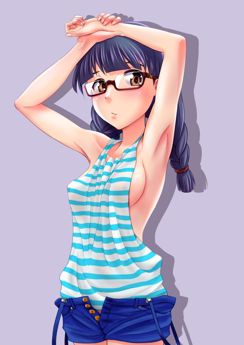 1girl, alice_gear_aegis, armpit_focus, armpits, breasts, covered_erect_nipples, glasses, highres