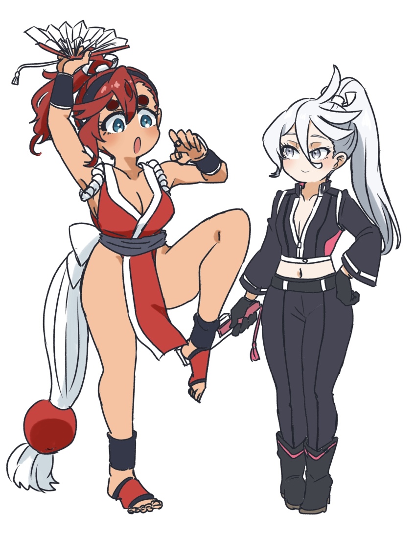 2girls, be_go_ichi, black_gloves, black_jacket, breasts, cleavage, cosplay, dark-skinned_female