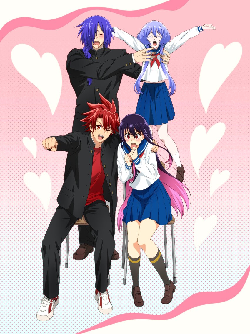 2boys, 2girls, absurdres, alternate_universe, asagaki_togo, black_jacket, blue_hair, blue_skirt
