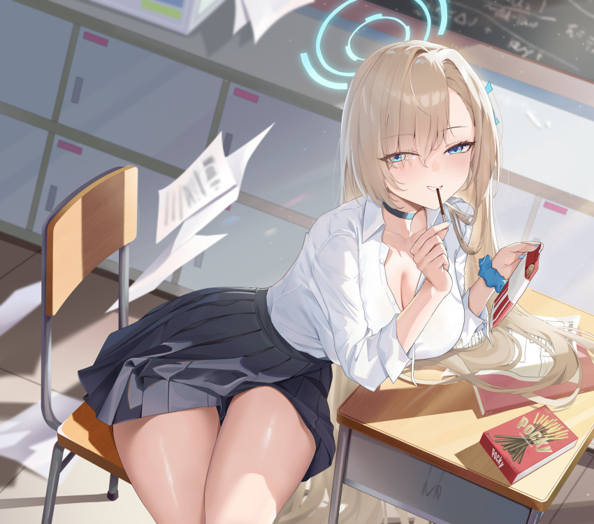 1girl, absurdres, asuna_(blue_archive), asuna_(school_uniform)_(blue_archive), black_choker, black_skirt, blonde_hair, blue_archive