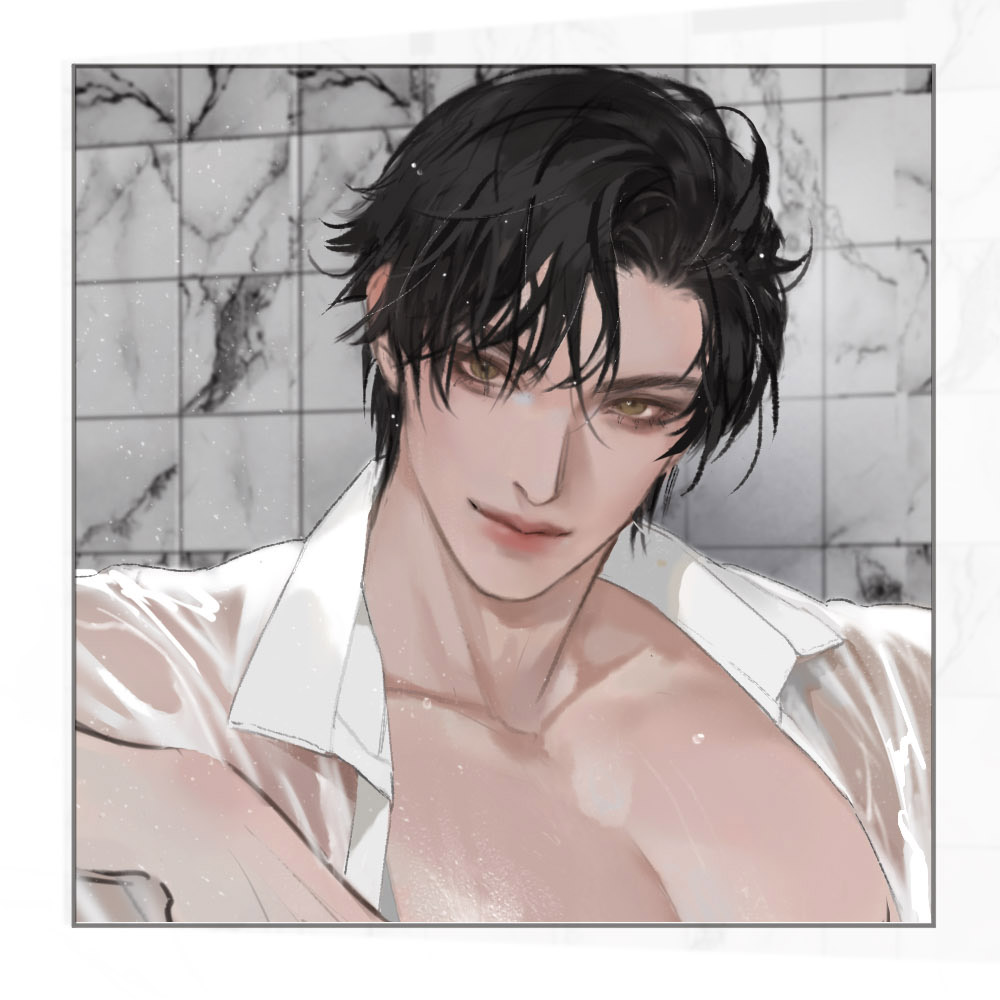 1boy, black_hair, bloodybeni, blurry, blurry_background, border, closed_mouth, collarbone