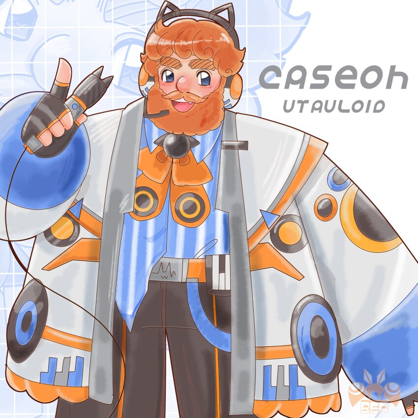 1boy, absurdres, artist_logo, beamothy, black_gloves, black_pants, blue_shirt, brown_hair