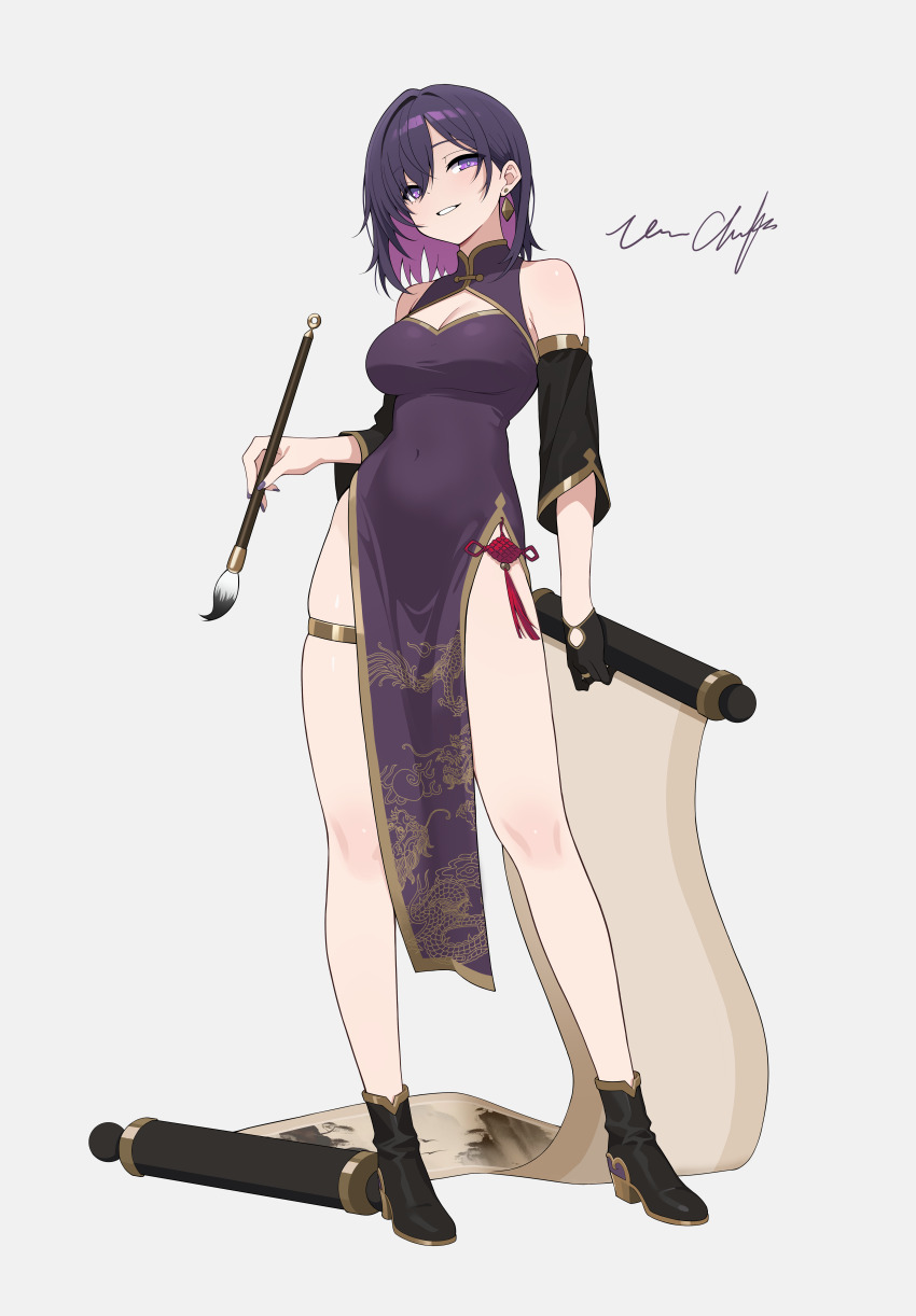 1girl, absurdres, bare_legs, bare_shoulders, breasts, calligraphy_brush, china_dress, chinese_clothes, cleavage, cleavage_cutout, clothing_cutout, detached_sleeves, dress, earrings, endless_knot, gloves, gold_thighlet, high_heels, highres, holding, holding_scroll, jewelry, large_breasts, legs, long_bangs, looking_at_viewer, mandarin_collar, original, paintbrush, panchang_knot, pelvic_curtain, purple_eyes, purple_hair, scroll, short_hair, single_earring, single_glove, smug, solo, thighlet, thighs, vinnie_cheeks
