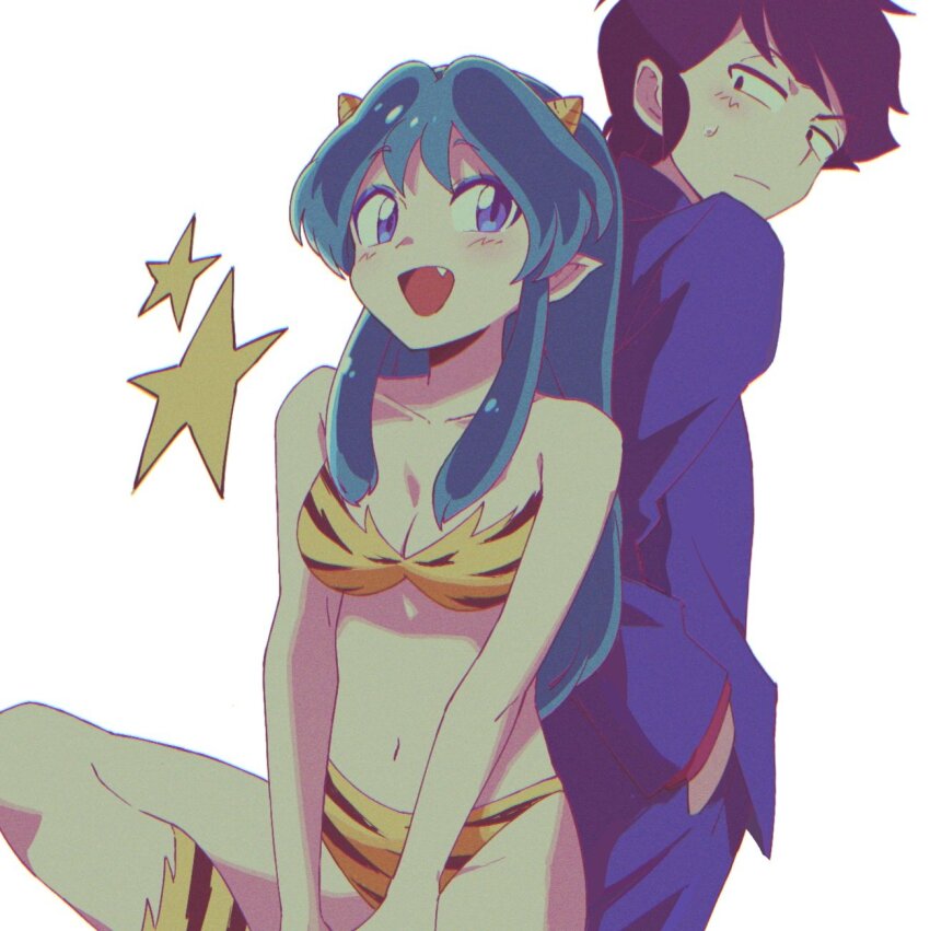 1boy, 1girl, animal_print, bikini, blue_eyes, blue_hair, blue_jacket, blue_pants