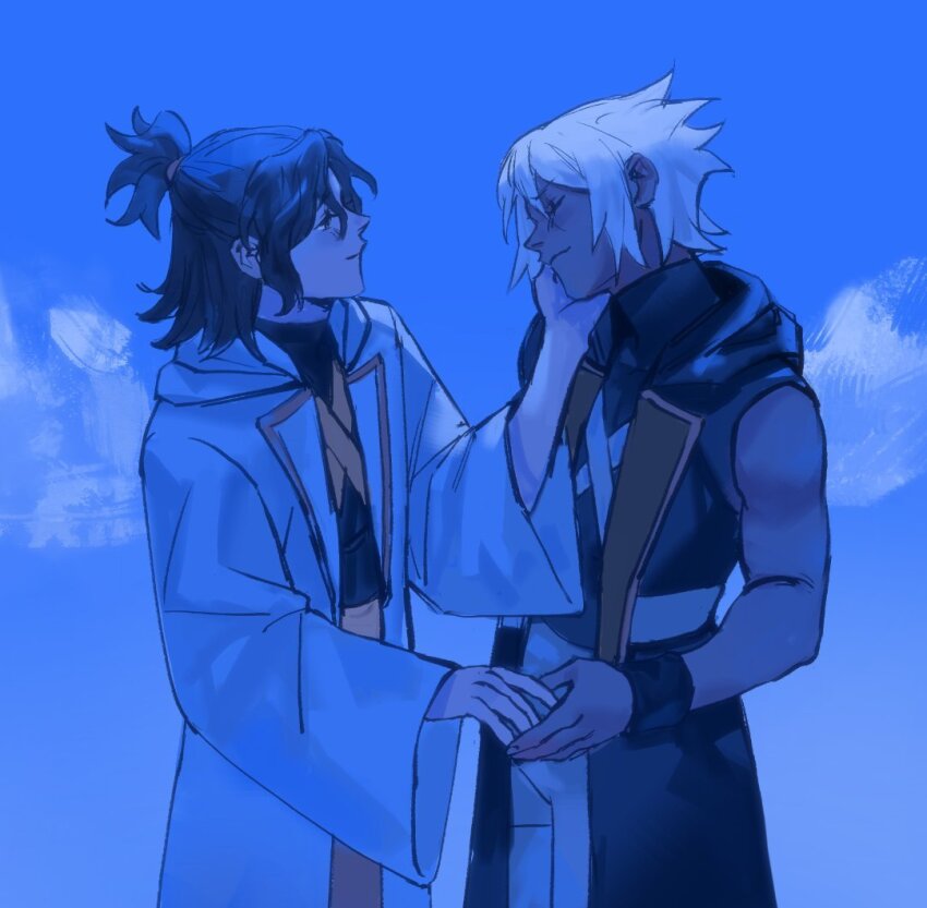 2boys, blue_sky, brown_hair, chest_strap, closed_eyes, closed_mouth, cloud, cloudy_sky