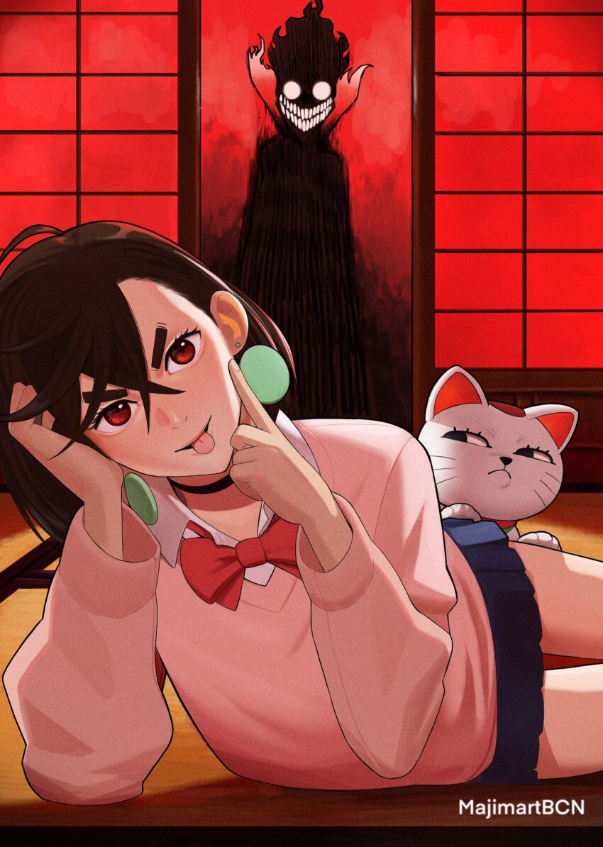 1boy, 1girl, artist_name, ayase_momo, black_choker, blue_skirt, bow, bowtie