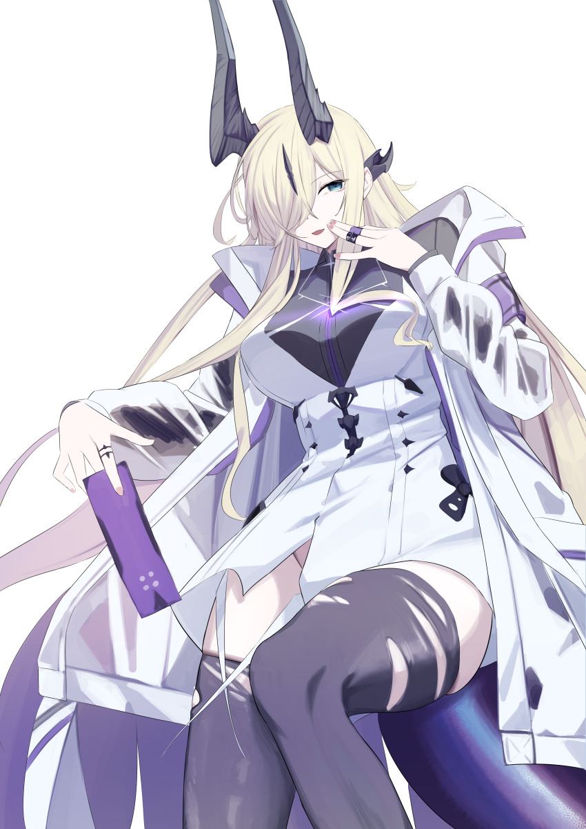 1girl, absurdres, arknights, between_fingers, black_horns, black_thighhighs, blonde_hair, blue_eyes
