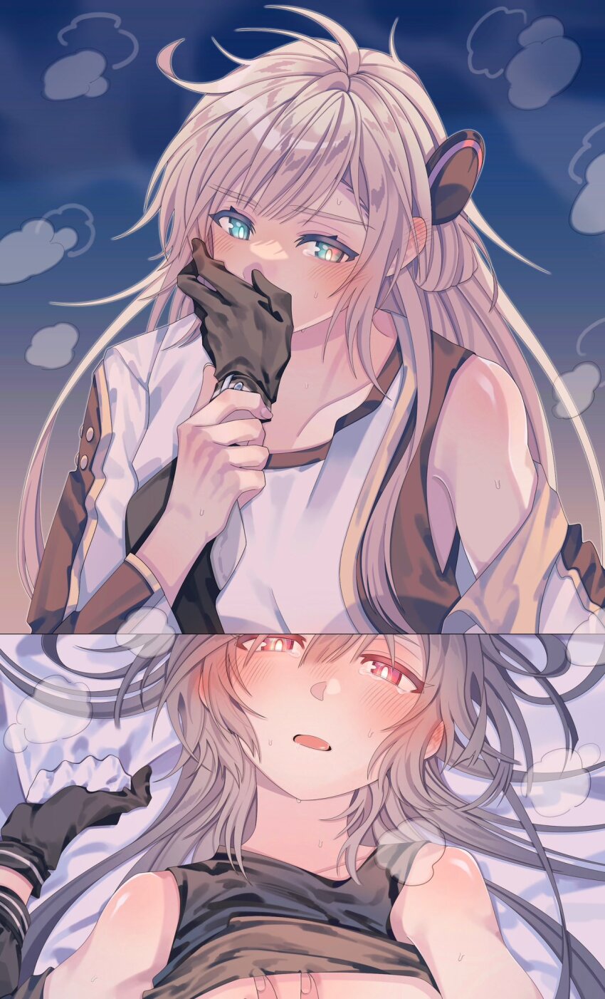 2girls, blonde_hair, blush, breasts, clothed_sex, collared_dress, dress, duel_monster