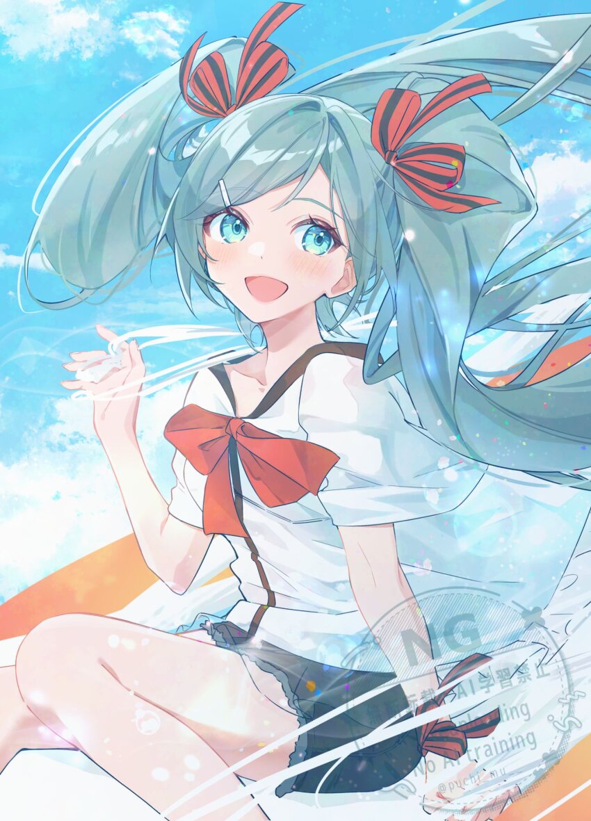 1girl, aqua_eyes, aqua_hair, arm_at_side, arm_support, bare_legs, black_ribbon, blouse