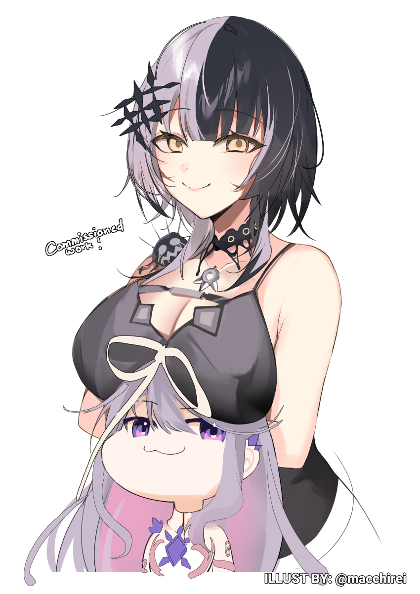 2girls, :3, absurdres, arms_under_breasts, black_choker, black_dress, black_hair, breast_rest, breasts, breasts_on_head, chest_jewel, chest_strap, choker, cleavage, closed_mouth, colored_inner_hair, commentary, commission, cropped_torso, dress, english_commentary, grey_hair, hair_ornament, highres, hololive, hololive_english, koseki_bijou, koseki_bijou_(1st_costume), lace, lace_choker, large_breasts, long_hair, looking_at_viewer, macchirei, multicolored_hair, multiple_girls, pendant_choker, purple_eyes, purple_hair, second-party_source, shiori_novella, shiori_novella_(1st_costume), simple_background, sleeveless, sleeveless_dress, smile, spaghetti_strap, split-color_hair, twitter_username, two-tone_hair, virtual_youtuber, white_background, white_dress, yellow_eyes, yorick_(shiori_novella)
