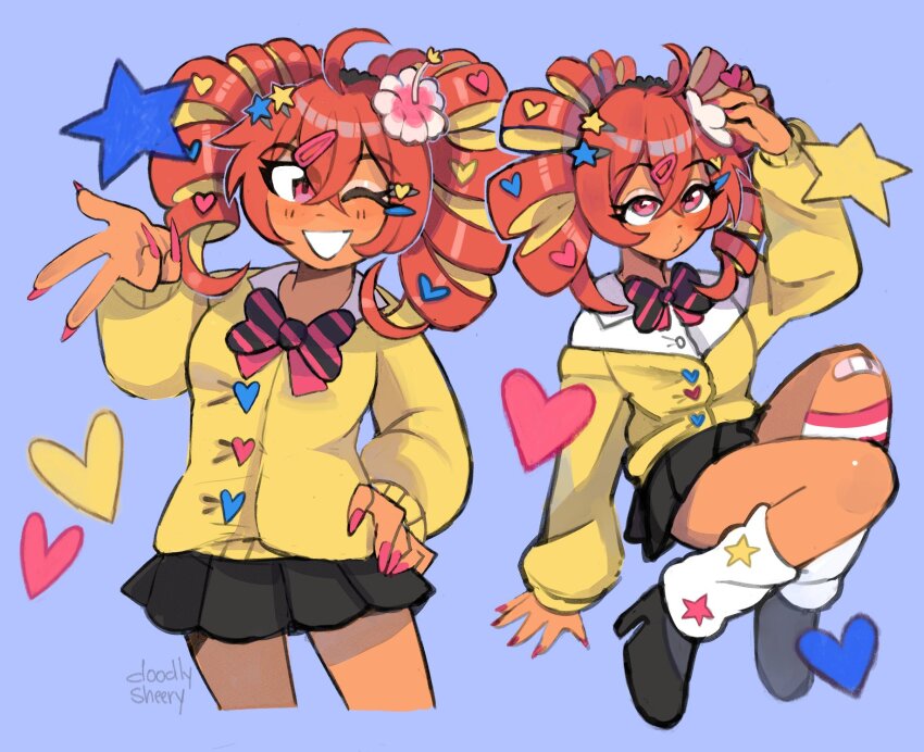 1girl, ahoge, artist_name, bandaid, bandaid_on_knee, bandaid_on_leg, black_shoes, black_skirt