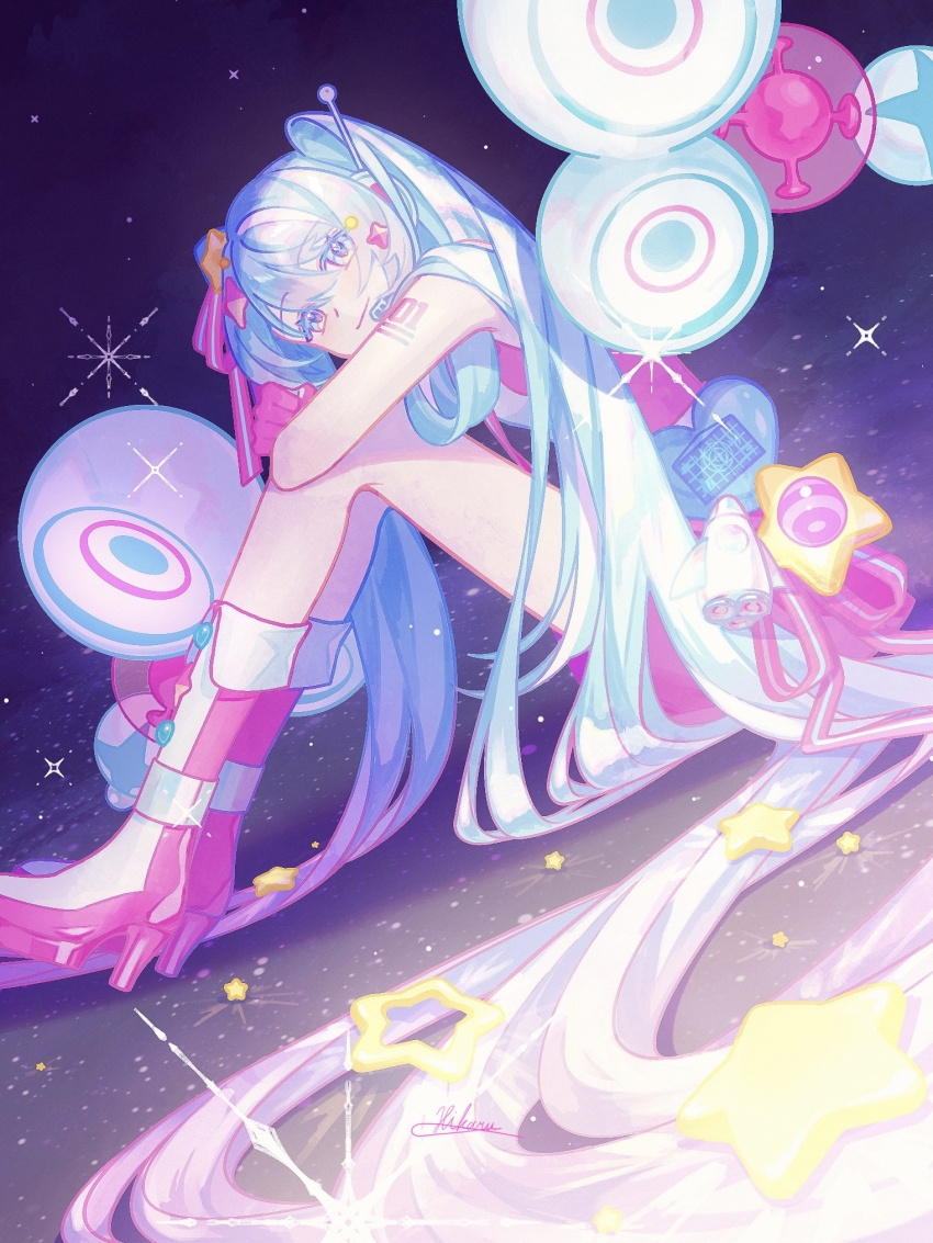 1girl, absurdly_long_hair, arched_bangs, bare_arms, bare_legs, blue_eyes, blue_hair, blue_theme, boots, breasts, closed_mouth, colored_eyelashes, dress, dutch_angle, fantasia_sora, full_body, future_eve_(vocaloid), glint, gloves, gradient_background, hair_between_eyes, hair_over_shoulder, hair_ribbon, hair_spread_out, hatsune_miku, headset, highres, hugging_own_legs, knees_up, leaning_forward, legs_together, lens_flare, light_particles, light_smile, limited_palette, long_hair, long_legs, looking_at_viewer, magical_mirai_(vocaloid), magical_mirai_miku, magical_mirai_miku_(2022), multicolored_boots, number_tattoo, on_floor, pink_boots, pink_dress, pink_gloves, pink_ribbon, pink_theme, platform_boots, purple_background, purple_theme, radio_antenna, ribbon, short_dress, shoulder_tattoo, sideboob, sidelocks, signature, simple_background, sitting, sleeveless, sleeveless_dress, small_breasts, solo, sparkle, speaker, star_(symbol), straight_hair, striped_clothes, striped_ribbon, tattoo, twintails, two-tone_boots, very_long_hair, vocaloid, white_boots