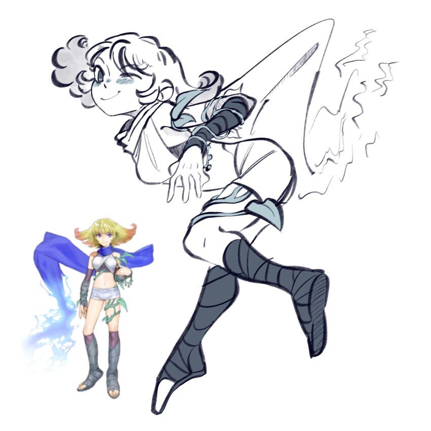 1girl, 2024, arms_up, bare_legs, bare_shoulders, black_shirt, black_sleeves, blonde_hair, blue_scarf, blush, bob_cut, breasts, collarbone, commentary, crop_top, detached_sleeves, electricity, electrokinesis, english_commentary, feet_out_of_frame, female_focus, floating, gradient_hair, greyscale, highres, kid_icarus, kid_icarus_uprising, leaning_forward, lips, long_hair, medium_breasts, medium_hair, meimeicop, monochrome, multicolored_hair, navel, nintendo, one_eye_closed, orange_hair, phosphora, plant, purple_eyes, reference_inset, sandals, scarf, shirt, short_hair, shorts, sideboob, simple_background, solo, sparkle, tareme, thighs, vines, wavy_hair, white_background, wink