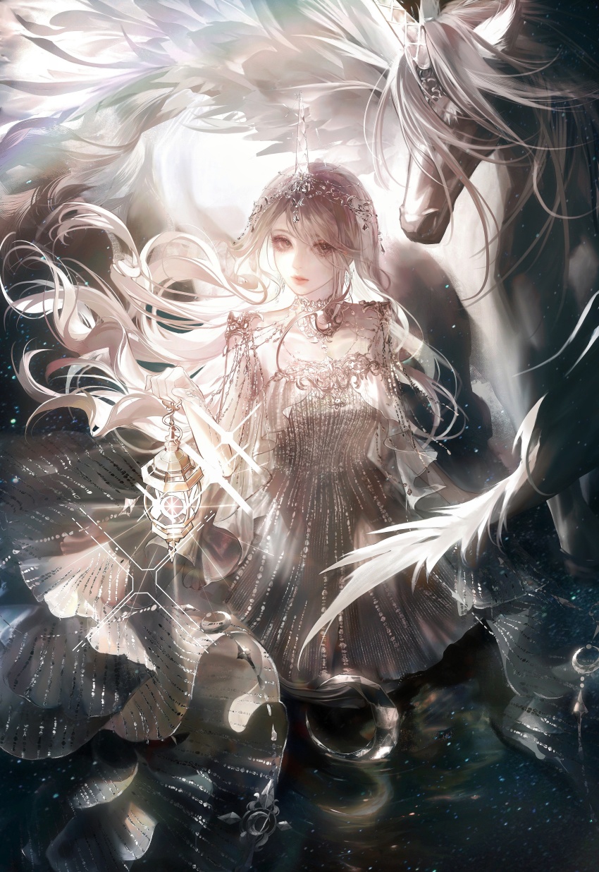 1girl, absurdres, ad_lunam_(shining_nikki), choker, circlet, cowboy_shot, dress, expressionless, eyelashes, floating_hair, grey_eyes, highres, holding, holding_lantern, horns, jiaopiupiu, lantern, lipstick, long_hair, looking_at_viewer, makeup, nikki_(series), parted_lips, pink_lips, reflection, reflective_liquid, shining_nikki, sleeveless, sleeveless_dress, solo, star_(sky), see-through_horns, unicorn, unicorn_horn, very_long_hair, wading, wavy_hair, white_dress, white_hair