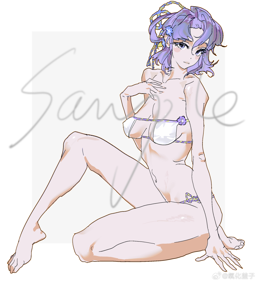 1girl, bare_arms, bare_legs, bare_shoulders, barefoot, bikini, border, chinese_commentary