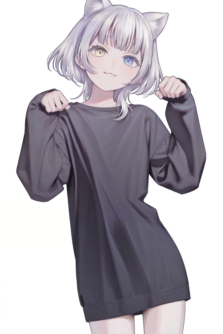 1girl, :3, absurdres, animal_ears, bang_dream!, bang_dream!_it's_mygo!!!!!, black_sweater, blue_eyes, cat_ears, cat_girl, extra_ears, heterochromia, highres, kaname_raana, kemonomimi_mode, long_sleeves, looking_at_viewer, paw_pose, raana_the_cat, short_hair, simple_background, smile, sweater, white_background, yanagi_(yan-agi), yellow_eyes