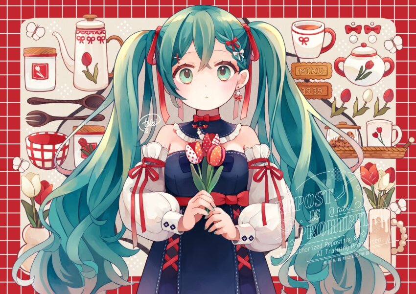 1girl, 39, alternate_costume, alternate_hair_ornament, aqua_eyes, aqua_hair, aqua_nails, bare_shoulders