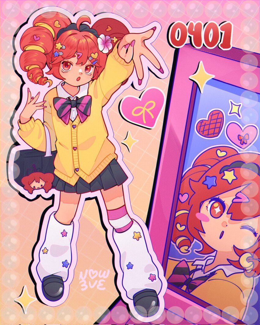 1girl, ahoge, bag, black_shoes, black_skirt, bow, bowtie, cellphone