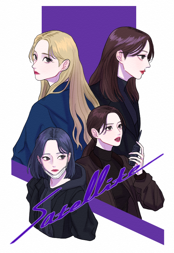 4girls, black_sweater, blonde_hair, blue_hair, bob_cut, brown_hair, closed_mouth, commentary