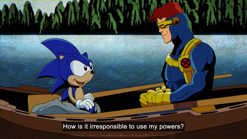 2boys, absurdres, animal_ears, animal_nose, blue_fur, cyclops_(x-men), furry, furry_male, gloves, head-mounted_display, hedgehog_boy, highres, male_focus, marvel, mistajonz, multiple_boys, parody, smile, sonic_(series), sonic_the_hedgehog, sonic_the_hedgehog_(classic), sonic_the_hedgehog_(satam), style_parody, superhero_costume, water, white_gloves, x-men, x-men_'97