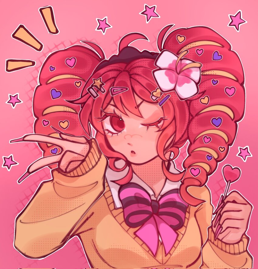 ahoge, bow, bowtie, breasts, candy, collared_shirt, drill_hair, fingernails