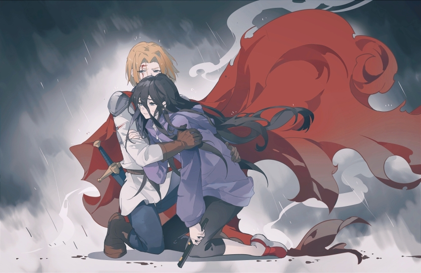 1boy, 1girl, belt, black_hair, blood, blood_on_face, boots, brown_boots