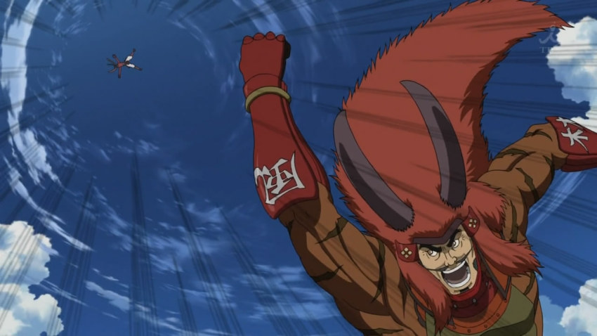 2boys, armor, cloud, falcon_punch, multiple_boys, punching, samurai, sanada_yukimura_(sengoku_basara)