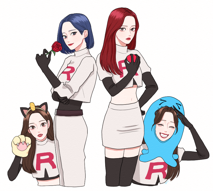 4girls, ^_^, belt, black_gloves, blue_hair, bob_cut, brown_eyes, brown_hair