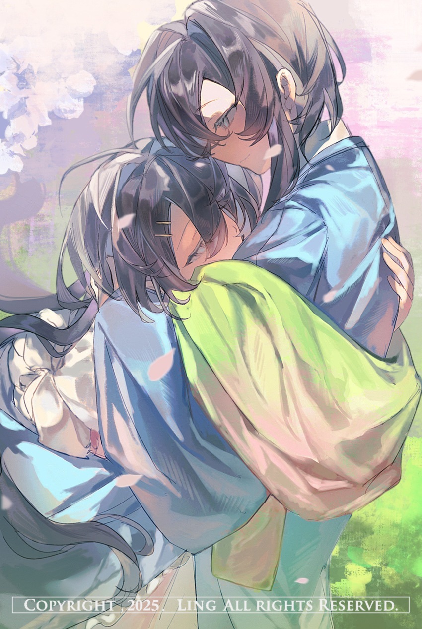 1boy, 1girl, ahoge, black_hair, blue_eyes, blue_kimono, call_of_cthulhu, chinese_commentary