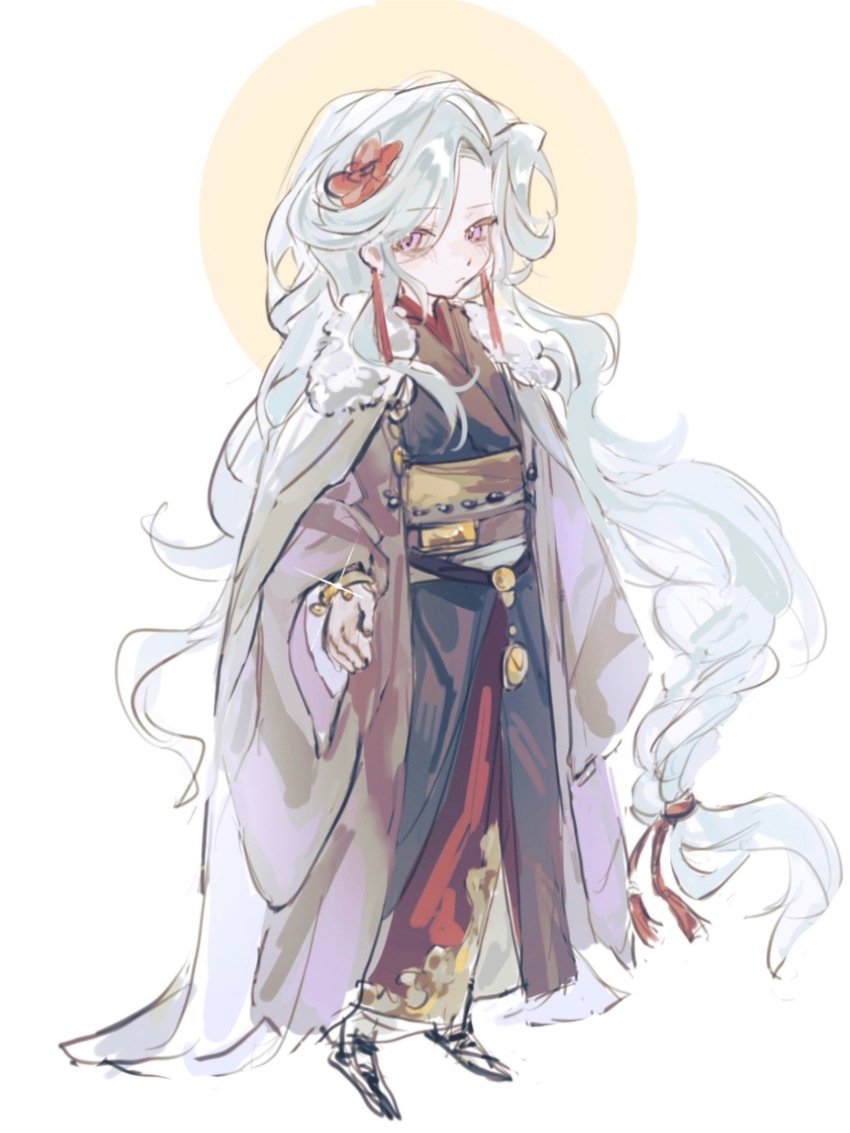 1girl, aqua_hair, black_kimono, bracelet, call_of_cthulhu, cang_miao_shan_yi_hua, cape, chinese_commentary, closed_mouth, commentary_request, curtained_hair, earrings, flower, full_body, glint, grey_cape, hair_flower, hair_ornament, hair_ribbon, haori, highres, japanese_clothes, jewelry, kimono, liningne, long_hair, long_sleeves, obi, original, pink_eyes, purple_haori, red_flower, red_ribbon, ribbon, sash, solo, tassel, tassel_earrings, very_long_hair, white_background, wide_sleeves