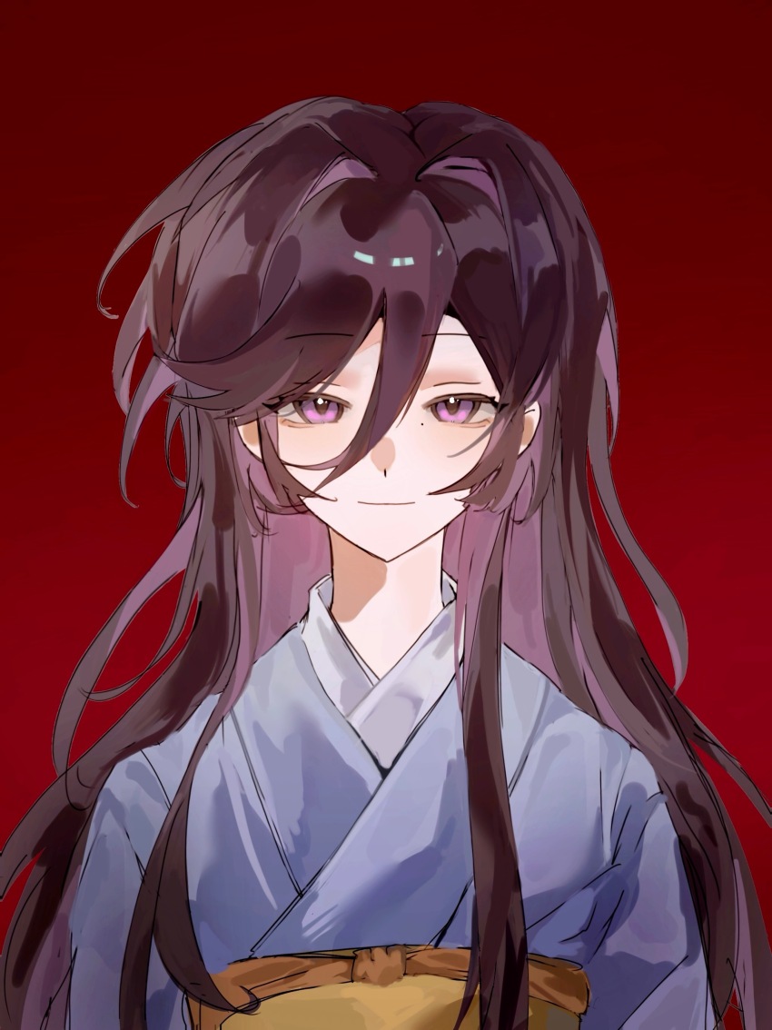 1girl, absurdres, blue_kimono, brown_hair, call_of_cthulhu, chinese_commentary, closed_mouth, colored_inner_hair